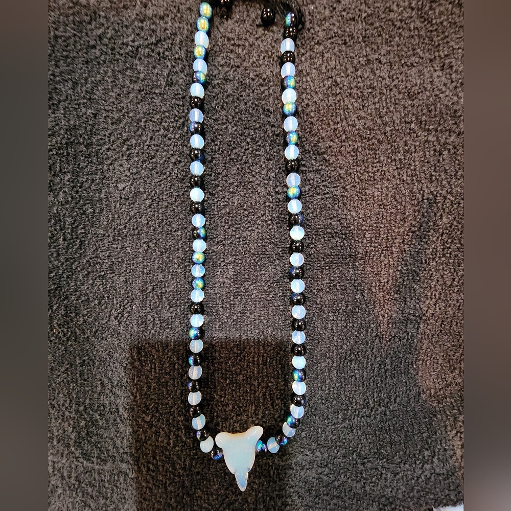 Black and Blue Beaded Necklace with Wolf Head Pendant